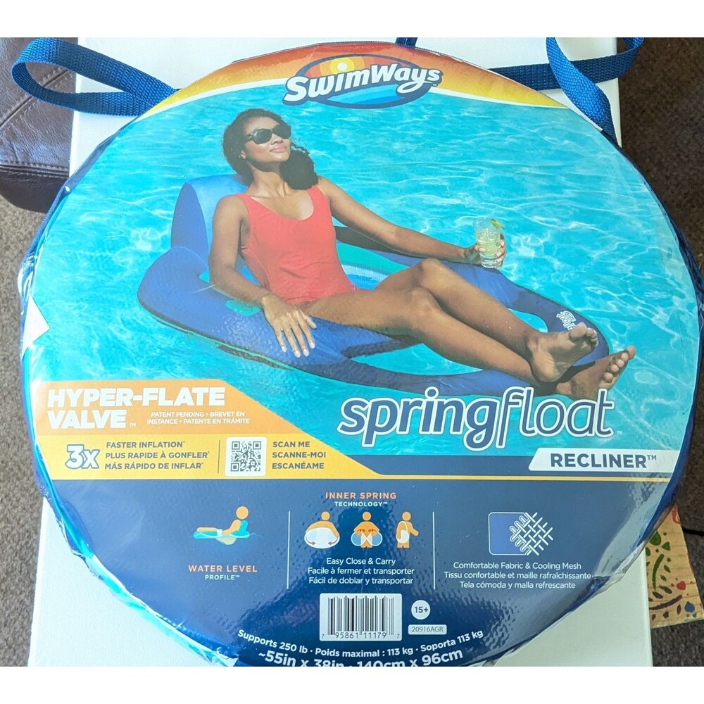 Spring Float Recliner Swim Lounger  SwimWays Hyper- Flate Valve New